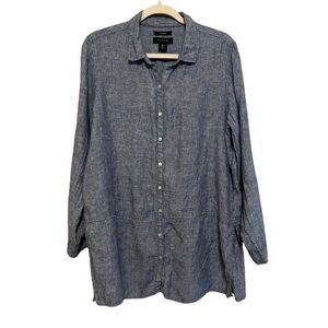 Tahari 100% Linen Button Up Tunic Top Womens Large Blue Roll Tab Sleeve Coastal
